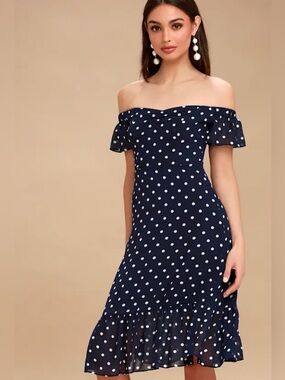NWT Lulu’s Artesia Navy Blue Polka Dot Off-the-Shoulder Midi Dress